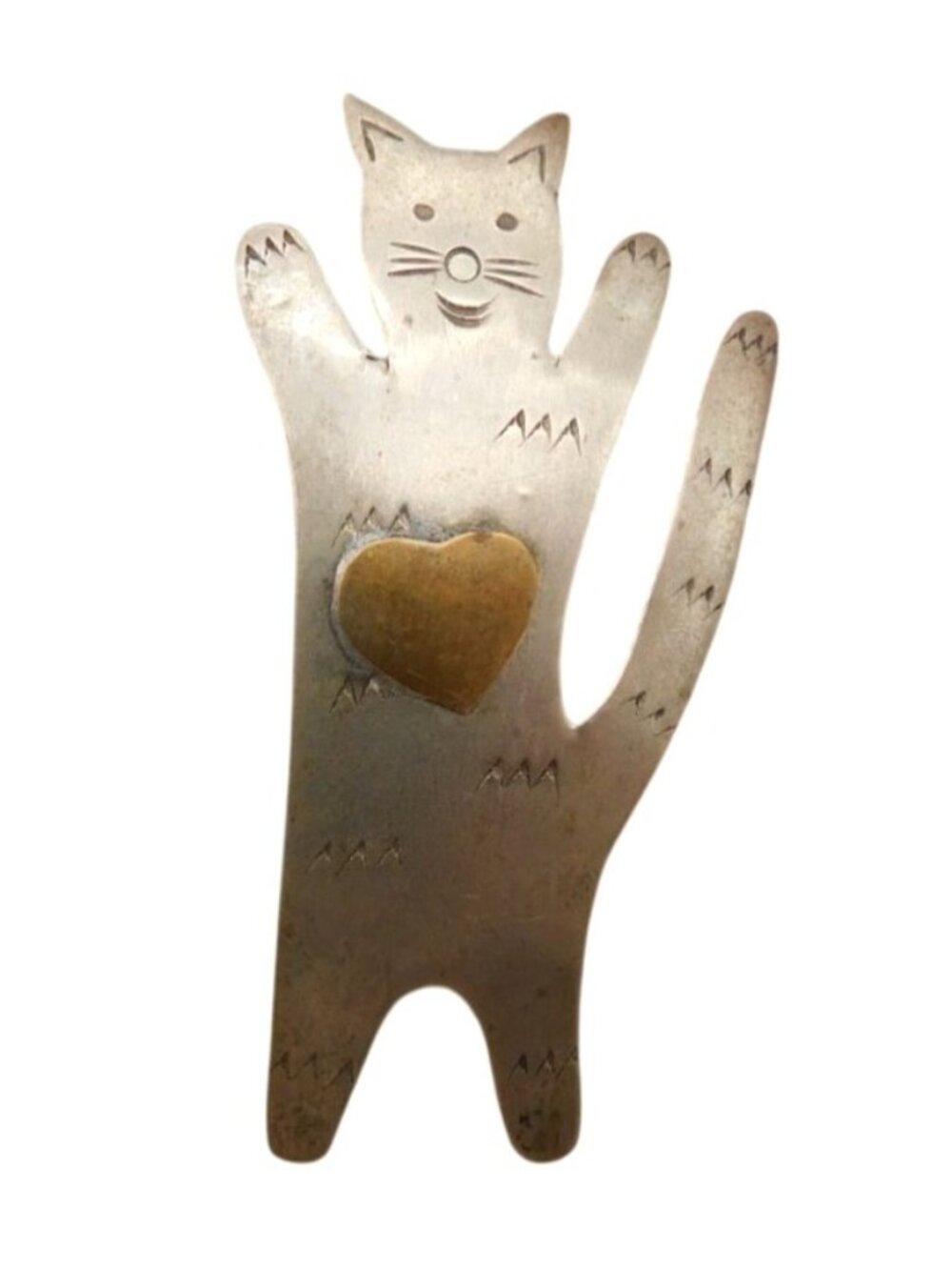 Silver Tone Cat Pin Brooch With Brass Heart Accent 2.25 Inch Not Marked